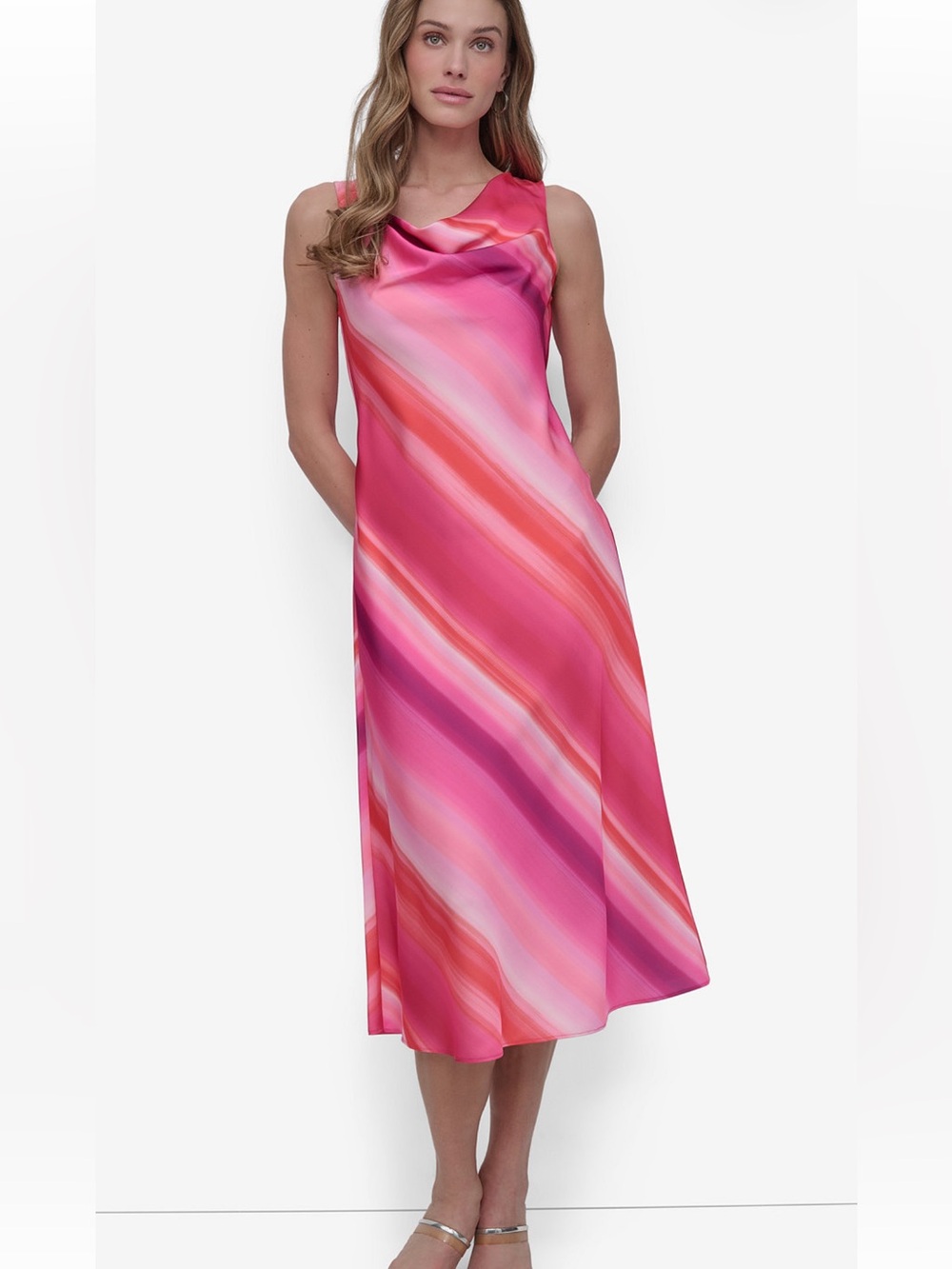 DKNY Pink and Coral Satin Cowl-Neck Midi Dress